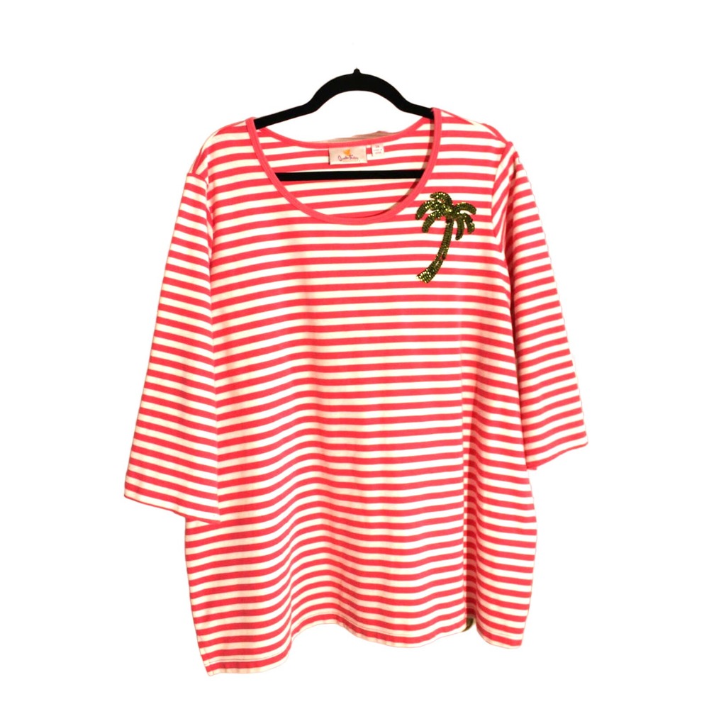 Quacker Factory Striped 3/4 Sleeve Tee w/ Sequin Palm Tree sz 2X